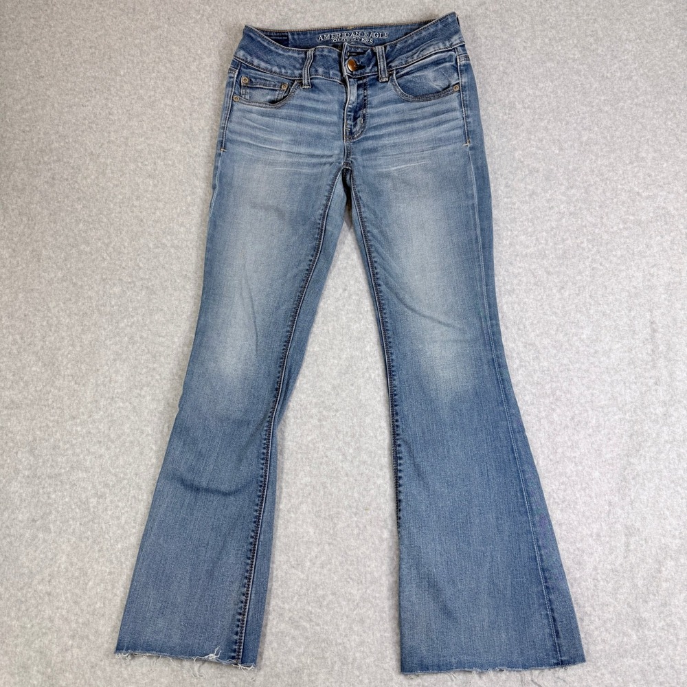 American Eagle Artist Flare Jeans Womens Light Wash Blue Super Stretch Raw Hem